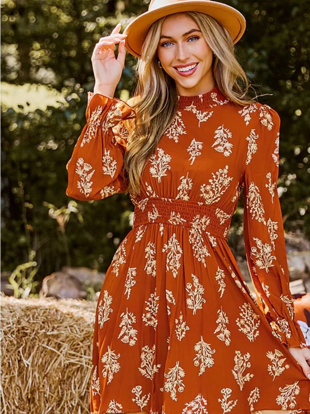 Cupshe Rust Floral Smocked-Waist Maxi Dress